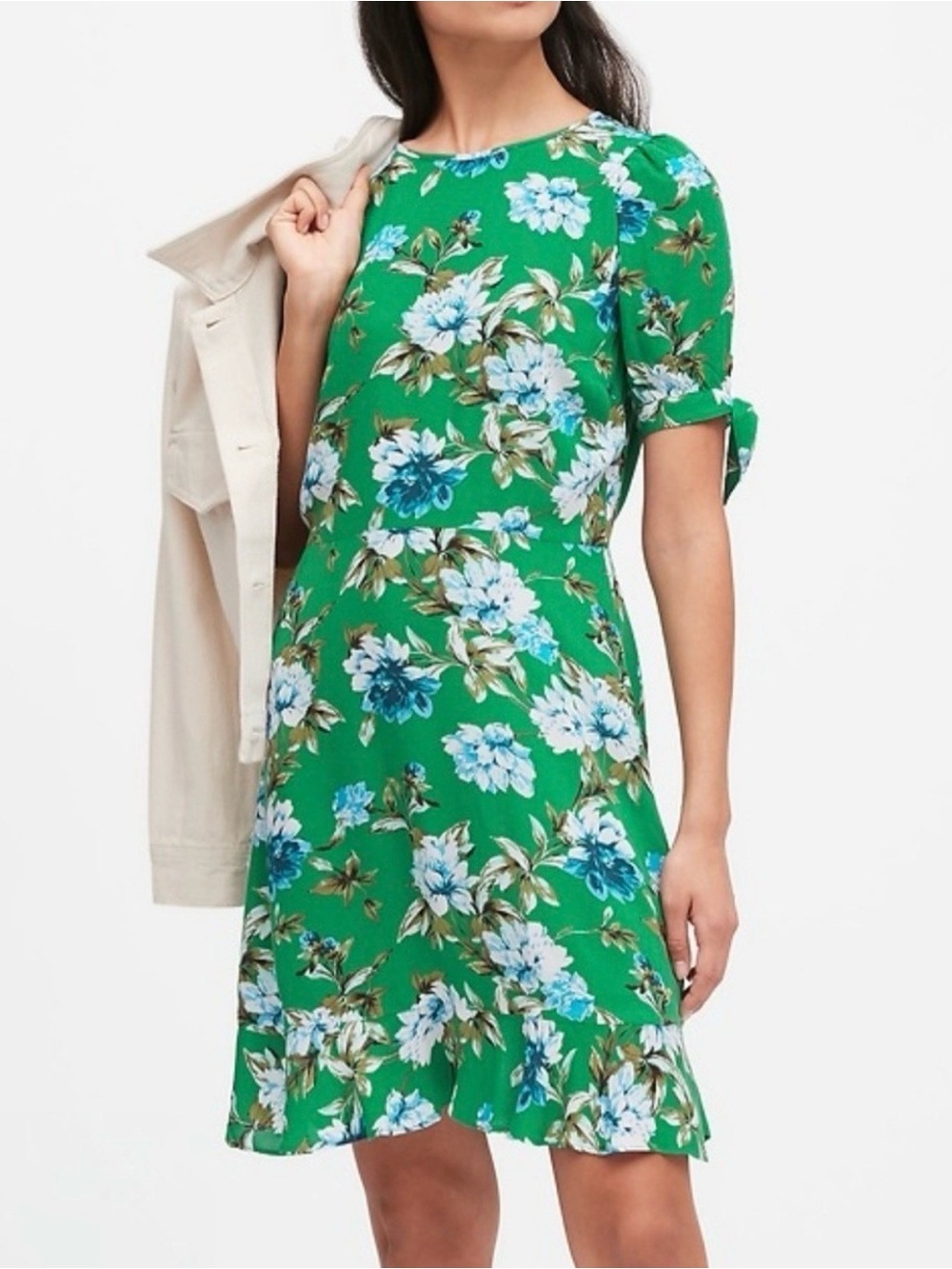 Banana Republic Green Floral Mini Dress with Blue & White Flowers